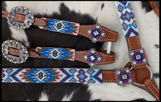 Showman Beaded Southwest Design 4 Piece Set - blue and white #3